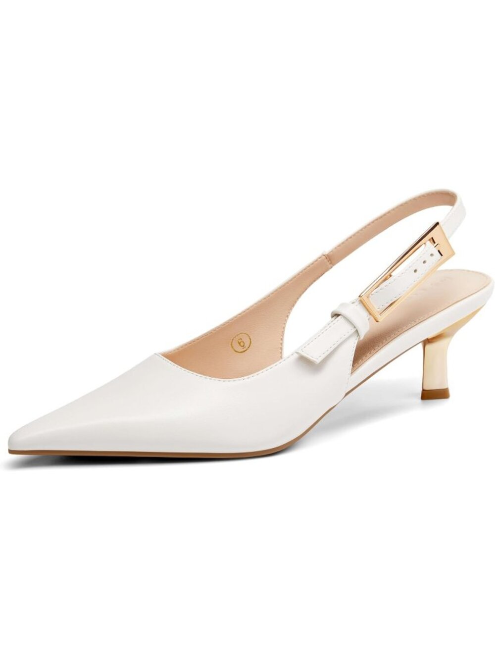 Women's White Pu Slingback Kitten Heels Closed Pointed Toe Buckle Strap Pumps